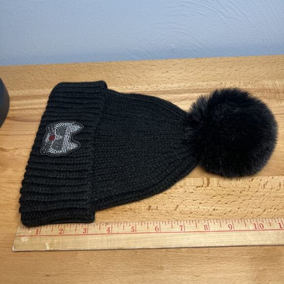 KARL LAGERFELD Womens Knit Beanie Hat Rhinestone Cat Logo Black Pom Pom Winter - Picture 9 of 10
